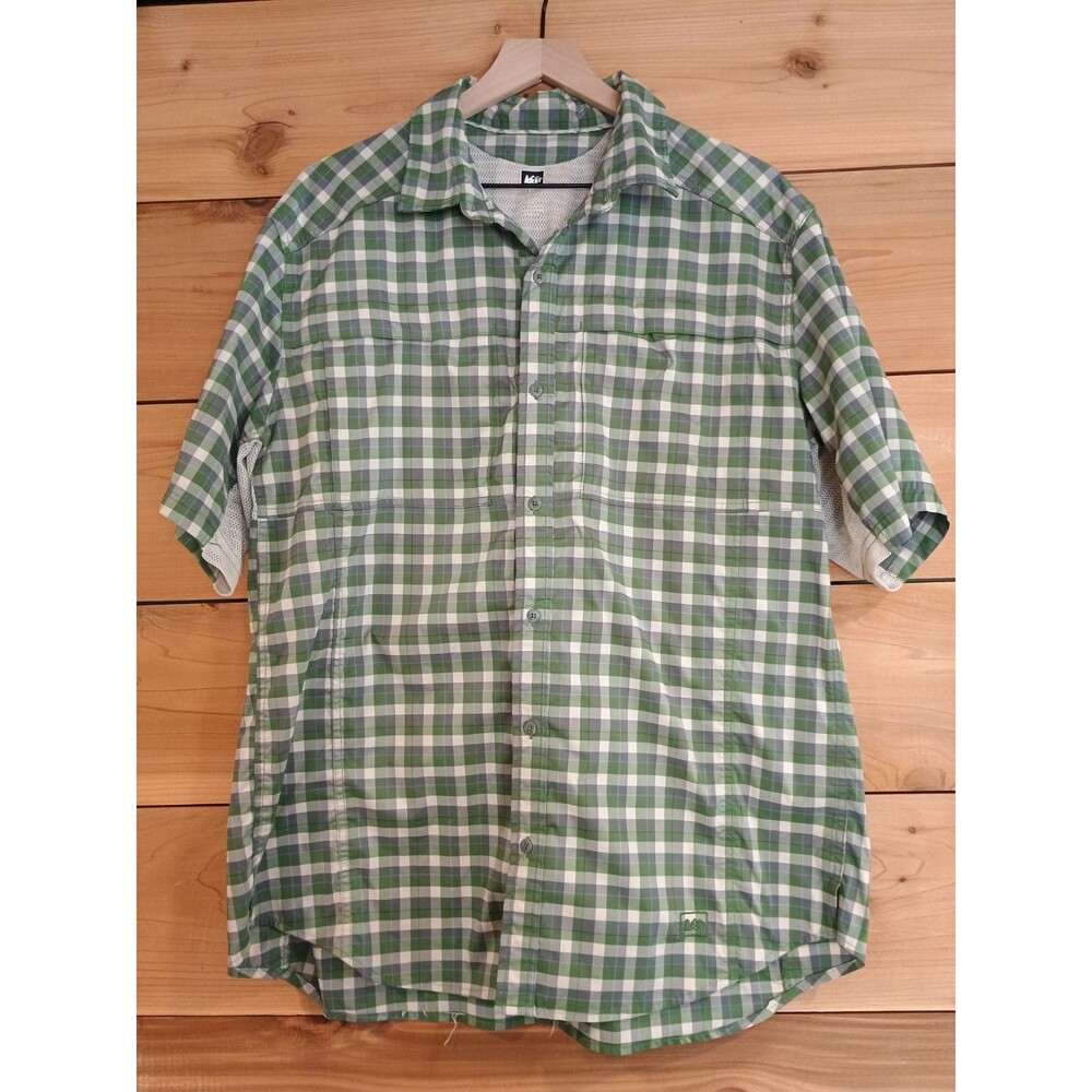 REI Mens Hiking Fishing Outdoors Shirt Vented Size XL Green Plaid